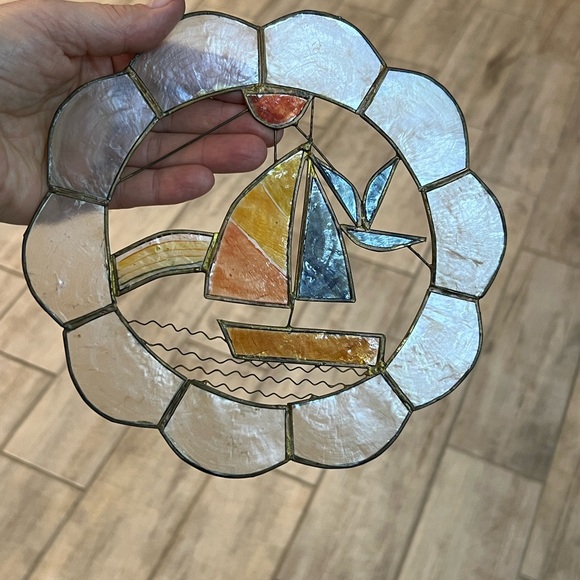 Sailing Boat & Seagull Capiz Shell Round Sun Catcher Window Hanger Beach House - Picture 6 of 7